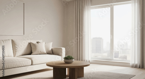 Elegant minimalist living room with cream sofa, wooden table and city view creates a serene and