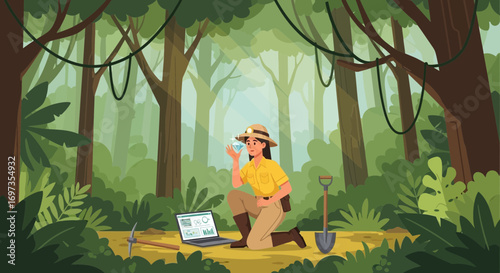 Female explorer examining a newly found diamond in the heart of the jungle environment with her
