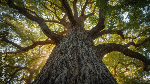 giant oak trees with wide trunks and lush leaves, sunlight breaking through gaps