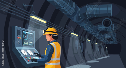 Illustration of a coal miner operating control panel in a mine tunnel vector scene