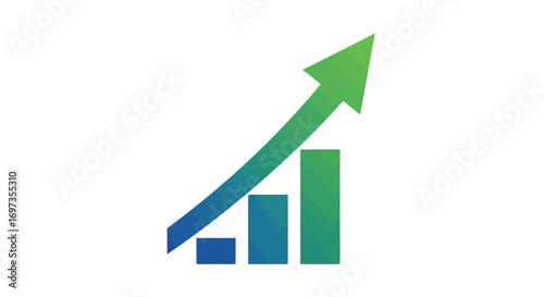 Upward trending bar graph with green arrow indicating growth and success.