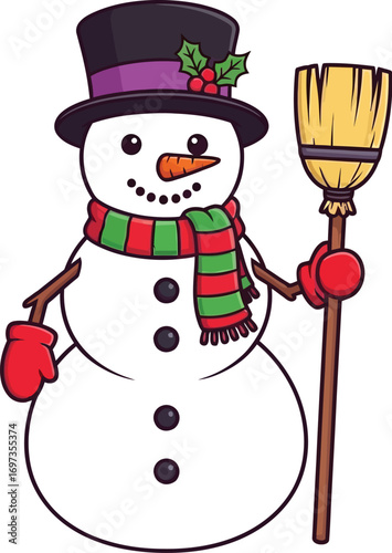 Cheerful snowman with a carrot nose, striped scarf, and top hat holding a broom, ready for winter fun