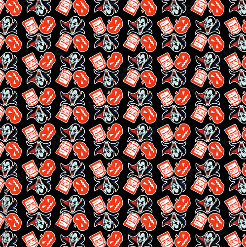 Halloween-themed repeat composition featuring vampire, pumpkin, and tombstone icons.