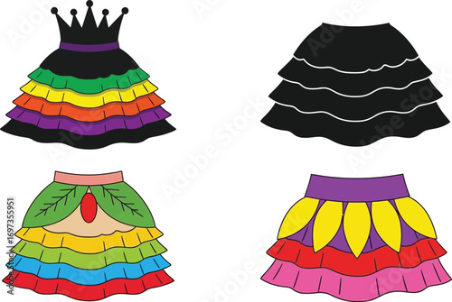 Collection of colorful tiered skirts with playful designs and patterns