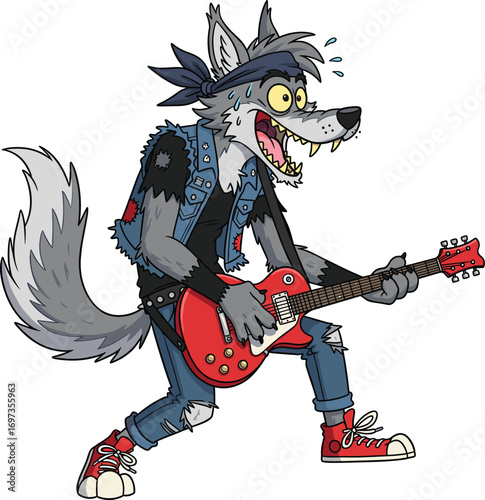 Energetic cartoon wolf playing a red electric guitar with a wild rockstar attitude
