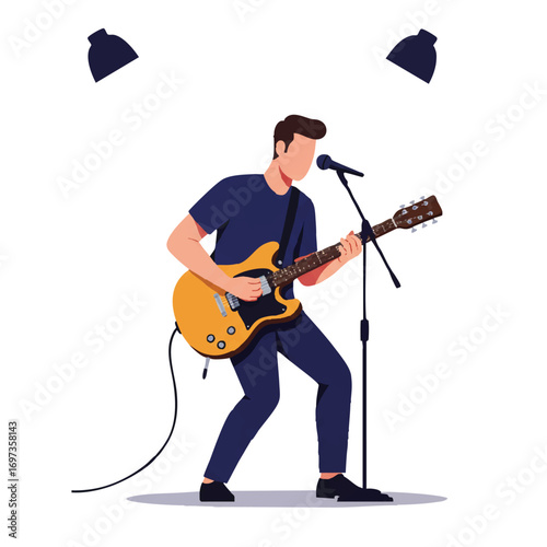 Passionate male guitarist playing electric guitar on a small stage, subtly spotlighted, rendered in vibrant 2D flat vector on a white background.