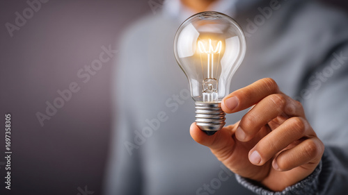 Light bulb innovation workplace evolution concept with hand holding glowing lamp symbolizing bright idea and progress