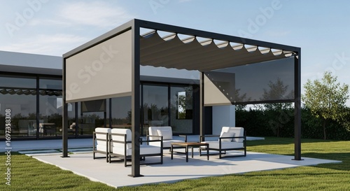 Modern Pergola with Outdoor Furniture Offers Stylish Backyard Relaxation