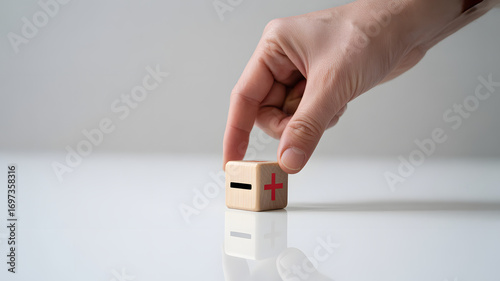 Hand choosing between positive and negative options, making a decision
