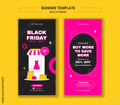 Vertical Banner Illustration of Black Friday Sale Event in Flat Cartoon Hand-Drawn Background