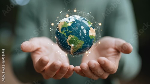 Glowing earth globe floating above hands symbolizing workplace evolution and global connection with care and responsibility in modern concept