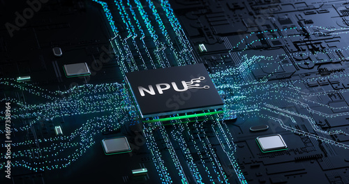 Digital Art Showcasing Advanced NPU Chip on Futuristic Circuitry for Technology Innovation Marketing Campaigns