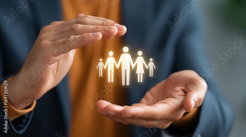 Family protection concept with hands surrounding glowing icons symbolizing care and workplace evolution in modern life support