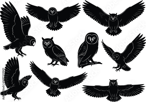 Set of owl silhouette vector illustrations, flying and perched owls, bird of prey design, wildlife graphic, nocturnal animal, forest bird icon