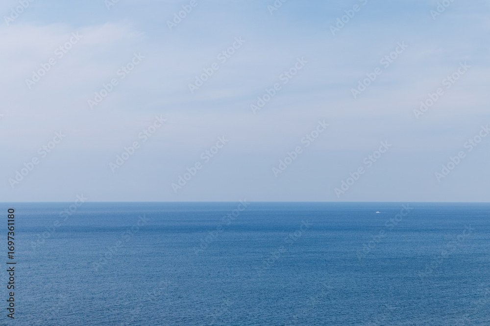 Fototapeta premium 青い海と空、水平線と白い漁船