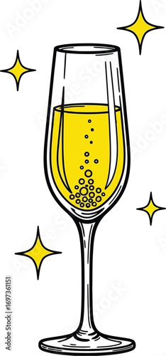 Sparkling champagne in a flute glass with celebratory starbursts