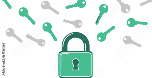 Secure digital access represented by a prominent lock surrounded by scattered keys
