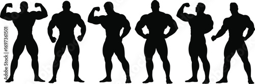 Bodybuilder Silhouettes – Muscular Male Poses, Flexing Arms, Strong Fitness Figures, Gym Workout Vector Illustrations in Black Style
