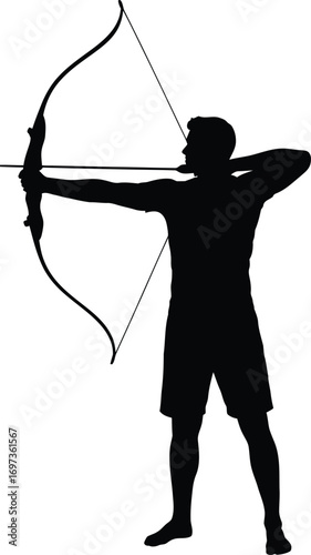 Focused silhouette of an archer drawing a bow, aiming for precision and success.