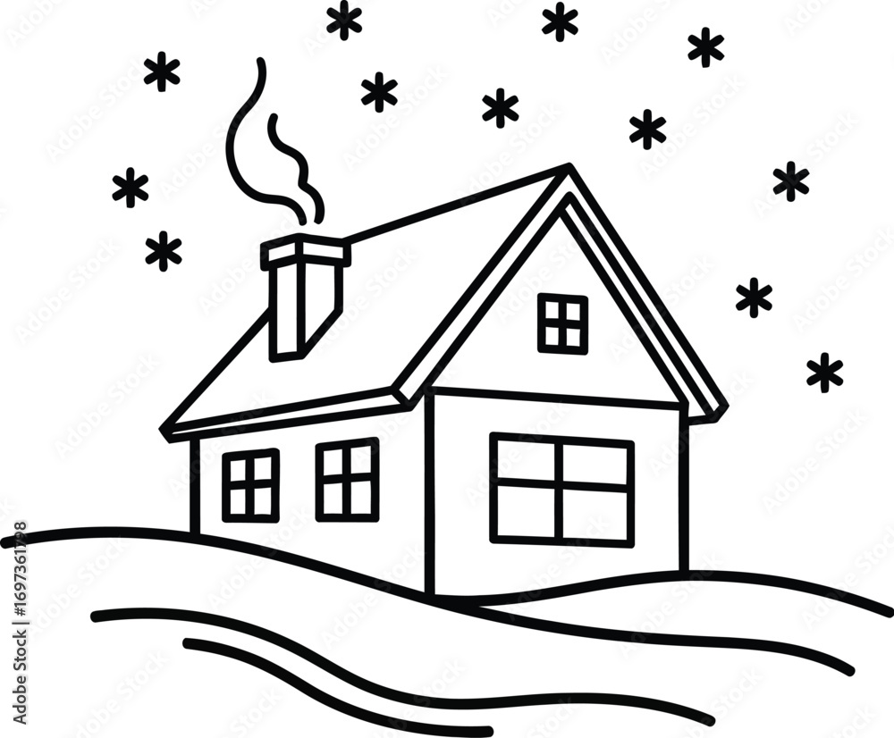 Naklejka premium Cozy house nestled in snowy landscape with falling snowflakes