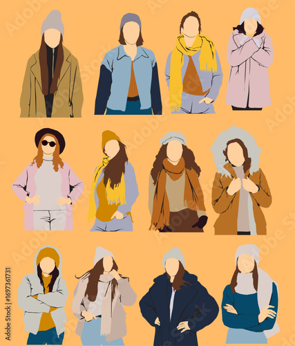 vector set of people in different poses wearing autumn fashion winter wear vector