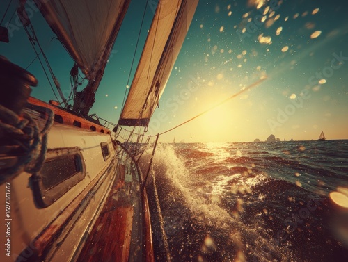 Sailboat slicing through rough ocean waters, illuminated by a bright sunset. Water splashes, creating a sense of speed and adventure on the sea