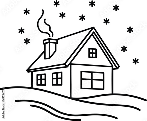 Cozy house nestled in snowy landscape with falling snowflakes