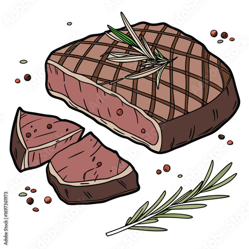 Deliciously Grilled Steak with Rosemary and Pepper Illustration