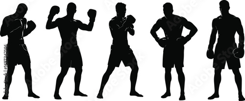 Boxing Silhouettes – Male Boxer Poses, Fighting Stances, Gloves, Combat Sports Vector Illustrations, Athletic Training, Martial Arts Icons