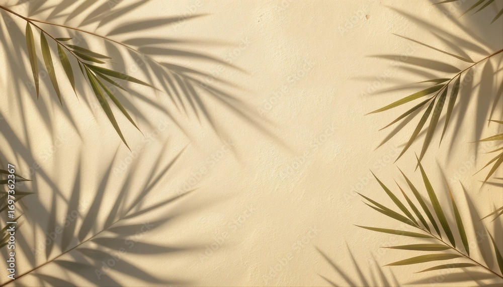 Obraz premium Palm Leaf with Shadow Overlay on Plaster Wall with Central Negative Space