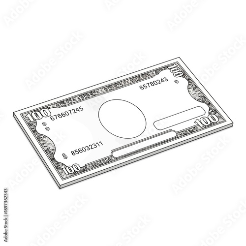 Black and white outline drawing of a generic 100 dollar bill, representing currency and finance.