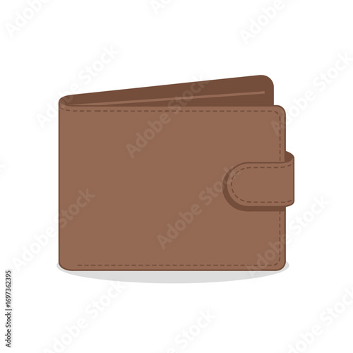 A simple, flat illustration of a brown leather bi-fold wallet with a snap closure.