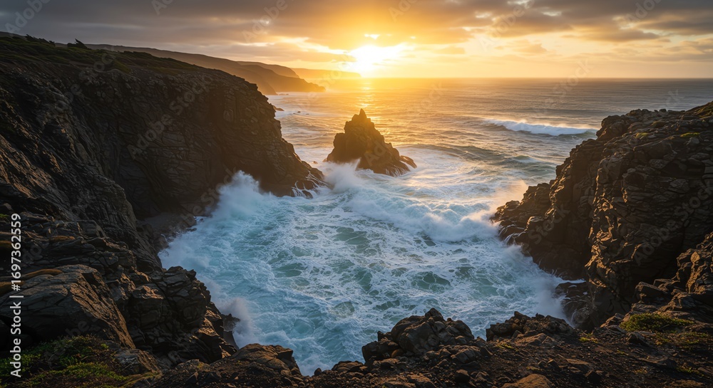 Obraz premium Coastal cliffs ocean sunset dramatic lighting