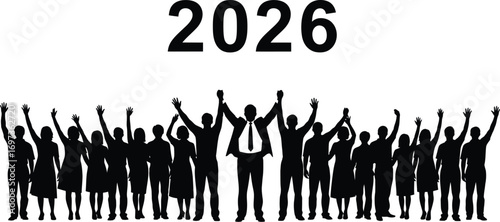 A diverse group of people celebrating and raising their hands in anticipation of the year 2026.