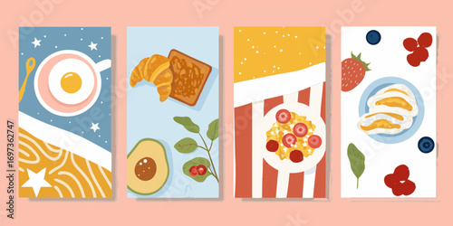 Four panels of delicious breakfast foods and abstract designs in a flat illustration style