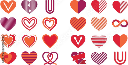 Collection of vibrant heart shapes and symbols in various patterns and colors
