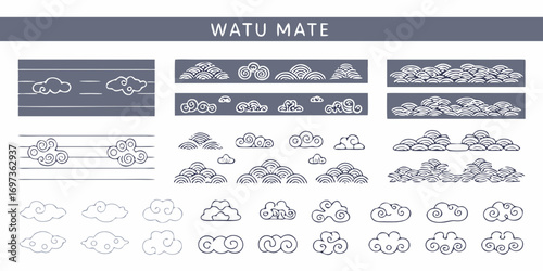 Collection of hand drawn asian style clouds and wave patterns in blue and white