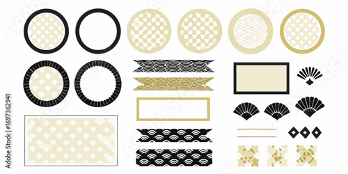 Collection of japanese inspired decorative elements and patterns in black gold and cream colors