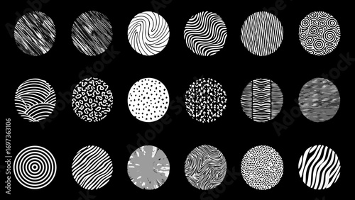 Collection of diverse black and white circular abstract patterns and textures on a black background