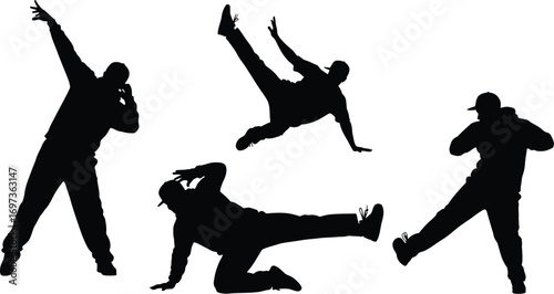 Silhouettes of dancers performing energetic breakdance moves against a white background