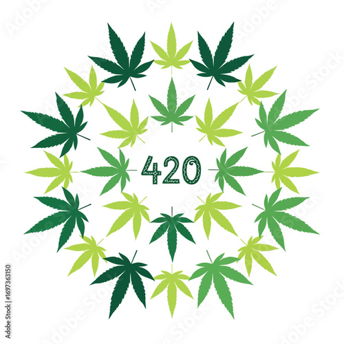 A circular mandala pattern of cannabis leaves in varying shades of green, with the number '420' in the center.