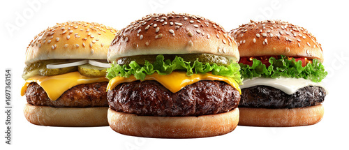 Delicious Gourmet Burgers on a Wooden Table with Fresh Ingredients