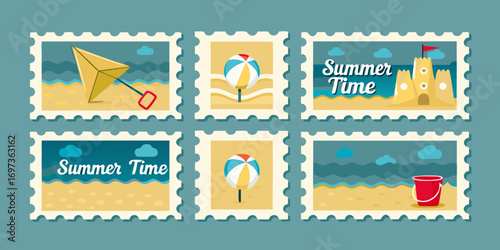 Collection of six stylized postage stamps depicting various summer beach scenes and activities