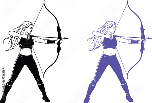 Focused woman drawing a bow and arrow, ready to shoot with determination