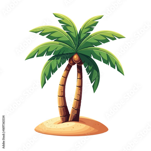 A vibrant cartoon illustration of a palm tree standing tall on a sandy island, with lush green fronds reaching towards the sky.