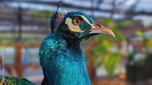 Stunning close-up image of a peacock showcasing its vibrant iridescent feathers and sharp features. Side view.