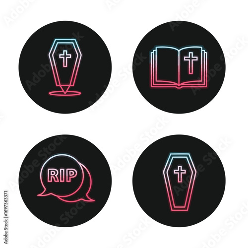Four circular icons depicting symbols associated with death and mourning, in a neon style.