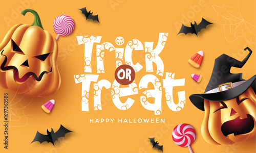 Playful Halloween design template with pumpkins, candy, bats, witch hat, and lollipops on orange background. Perfect for party cards, seasonal flyers, invitations, and festive holiday vector illustrat