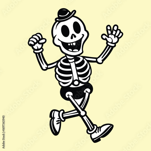 happy dancing skeleton cartoon character with bowler hat