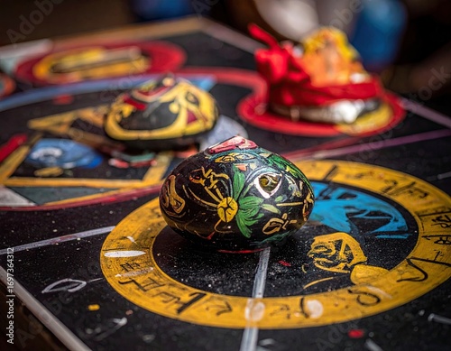 Closeup of Ornate Hand-Painted Stones on Artistic Surface